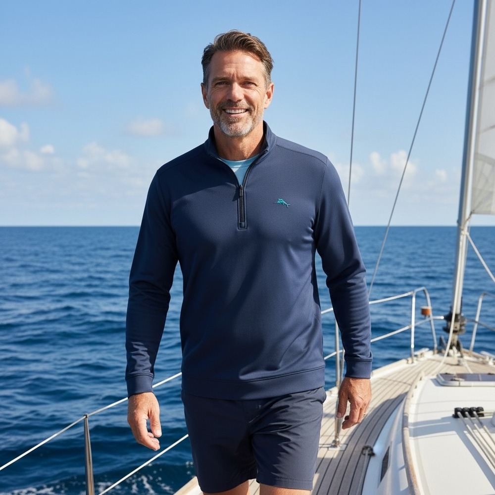 Tommy Bahama IslandZone Mens XL Navy Blue Quarter Zip Pullover Marlin Logo